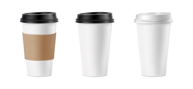 Ilustración realista del icono vectorial Taza de café de papel blanco con tapa negra Isolada en el fondo blanco