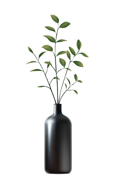 Ilustración realista del icono del vetor jarrón negro con hojas verdes planta para decoración del hogar aislado