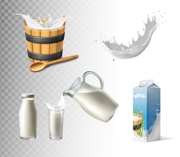 Ilustración realista de iconos vectoriales Colección de iconos de granjas lecheras y factores lácteos Envase de leche de cubo de leche