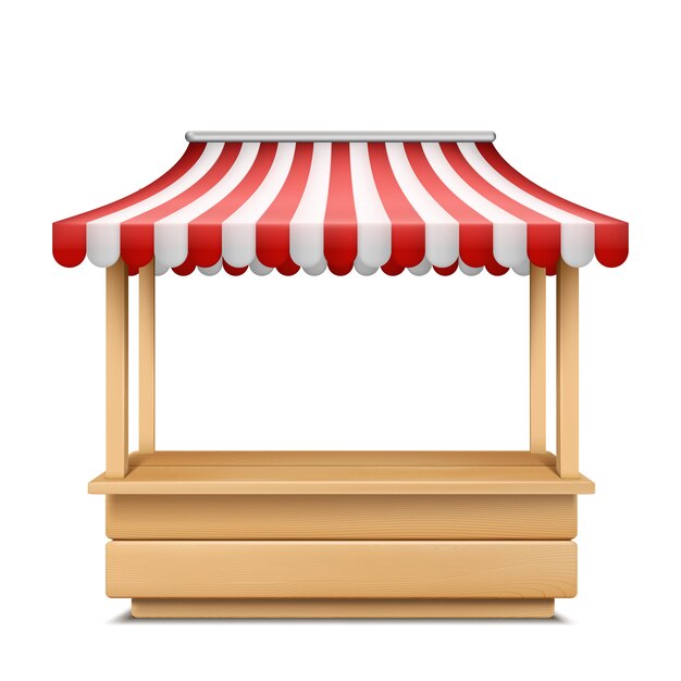 Ilustración realista de puesto en el mercado vacío con toldo a rayas rojo y blanco