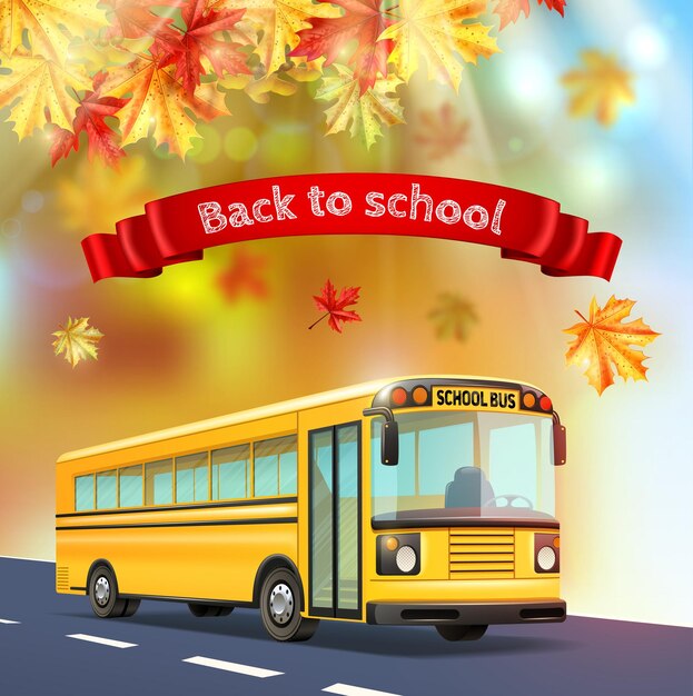 Ilustración realista de regreso a la escuela con hojas de otoño de autobús amarillo y texto en cinta roja realista