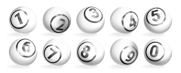 Ilustración realista vector de bolas de lotería blancas con números grises. Esferas brillantes de juegos de azar de lotería. Juego de deporte de ocio, billar o billar bola de bingo aislado sobre fondo blanco.