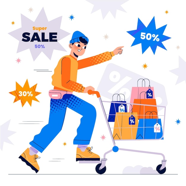 Ilustración de rebajas dibujada a mano con personajes