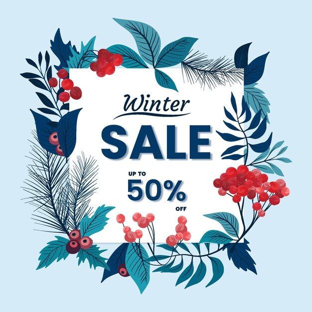 Ilustración de rebajas de invierno plana dibujada a mano con hojas