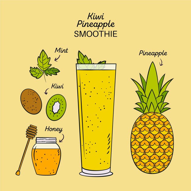 Ilustración de receta de batido de piña y kiwi saludable