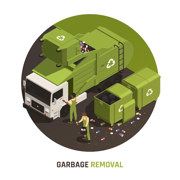 Ilustración redonda de eliminación de basura con personas en uniforme cargando basura en un camión