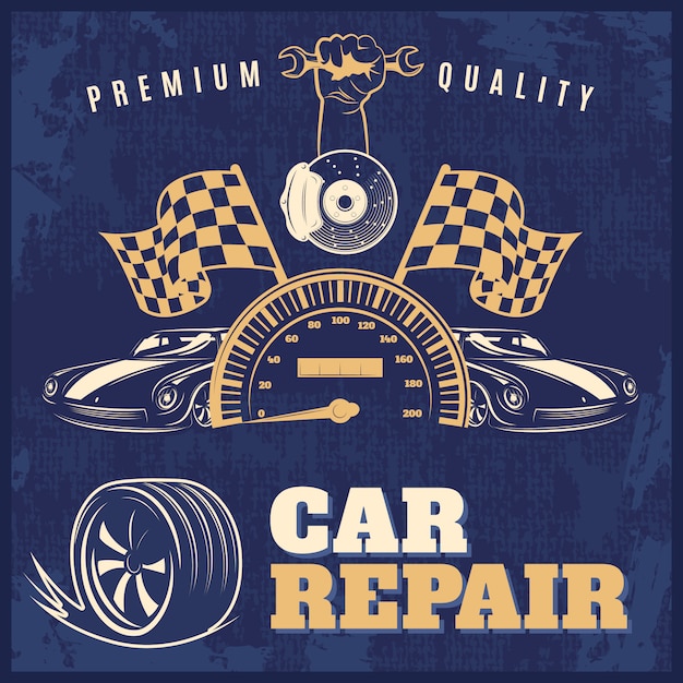 Ilustración retro azul de reparación de automóviles con titulares de calidad premium y vector de reparación de automóviles