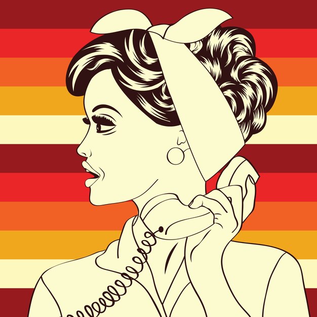 Ilustración retro pop art de mujer con teléfono