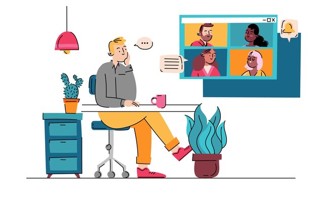 Ilustración de reunión de negocios en línea dibujada a mano plana