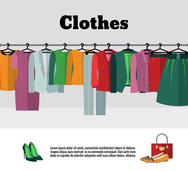 Ilustración de ropa en perchas. Tienda de ropa de moda o tienda