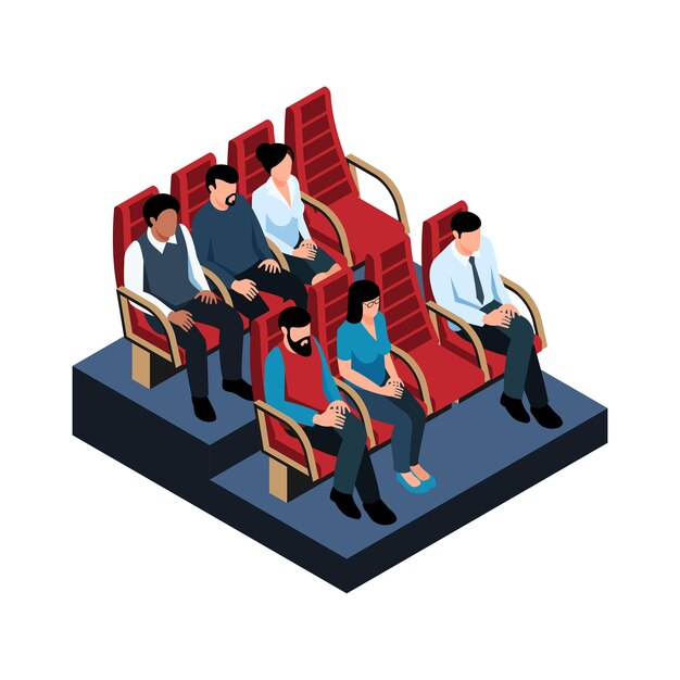 Ilustración de sala de cine con personajes isométricos en sus asientos.