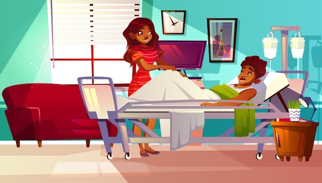 La ilustración de la sala de hospital del visitante afroamericano de la mujer negra apoya al hombre paciente