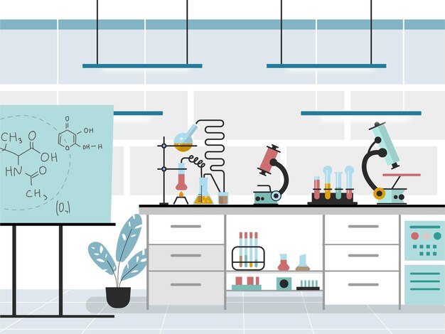 Ilustración de sala de laboratorio plana