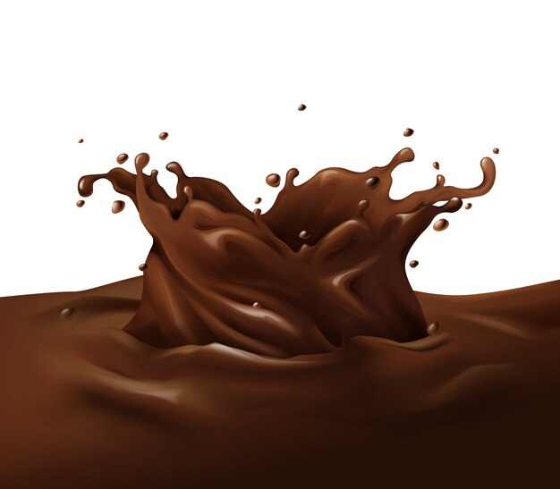 Ilustración de salpicaduras de chocolate de un realista remolino de fondant choco oscuro o lechoso en 3D con gotas
