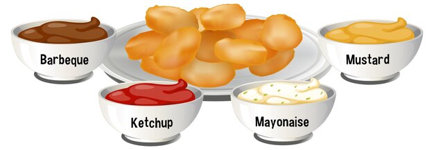 Ilustración de salsas variadas con nuggets de pollo