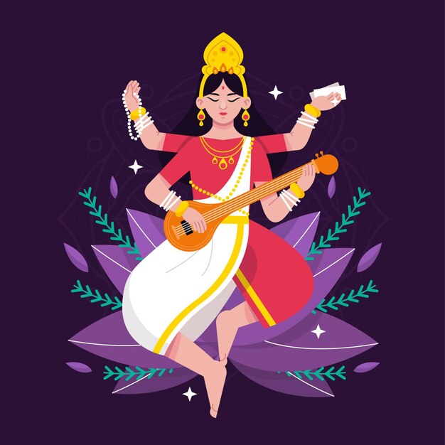 Ilustración de saraswati de diseño plano detallado