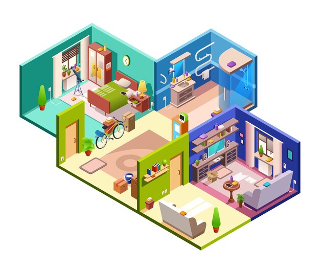 Ilustración de sección transversal de apartamentos de plano moderno.