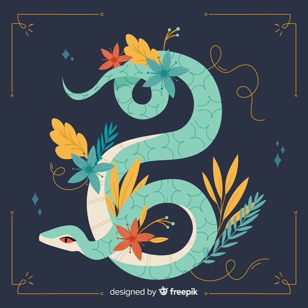 Ilustración serpiente dibujada a mano con flores