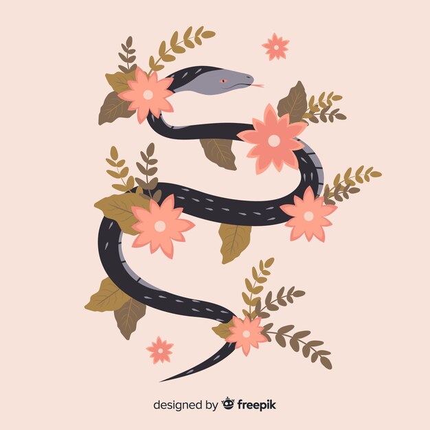 Ilustración serpiente dibujada a mano con flores