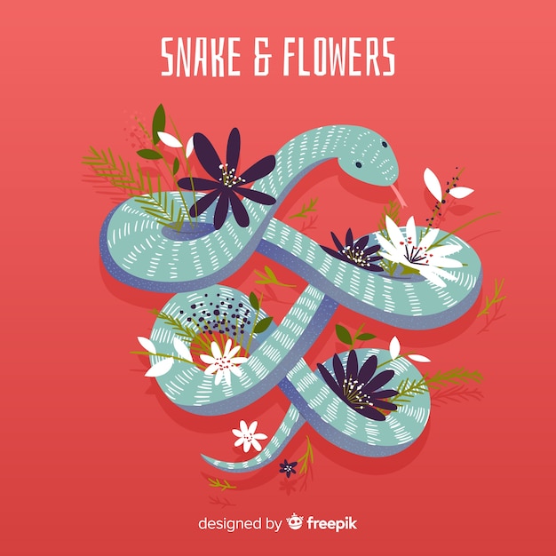 Ilustración serpiente y flores dibujada a mano