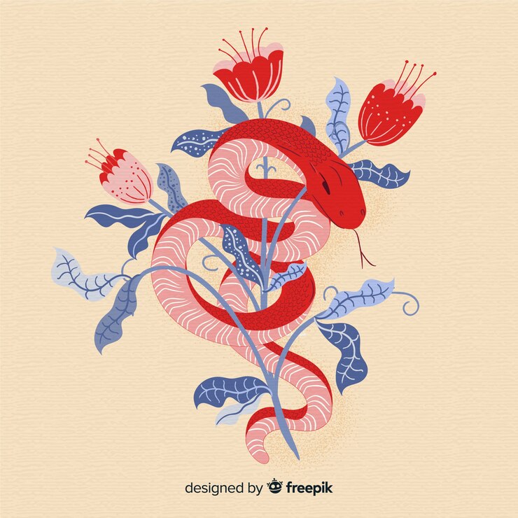 Vector gratuito ilustración serpiente con flores dibujada a mano