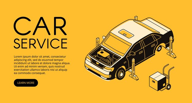 Ilustración de servicio de coche de estación de garaje de automóvil. Mecánico automotriz de diagnostico