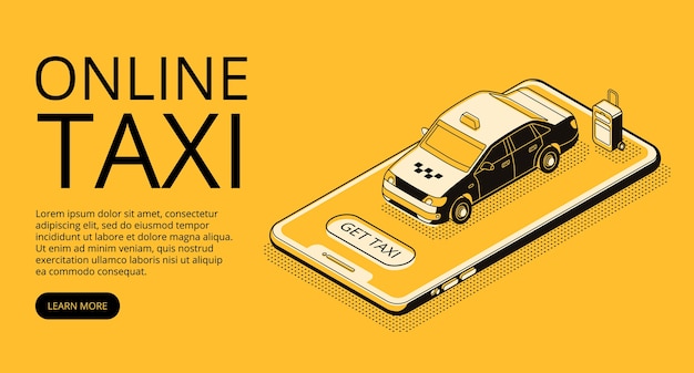 Ilustración de servicio de taxi en línea en líneas finas y estilo de semitono isométrico negro.