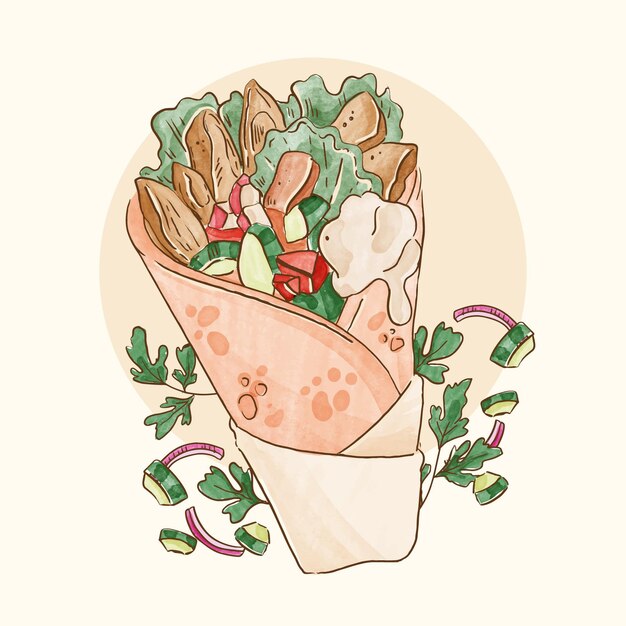 Ilustración de shawarma de acuarela pintada a mano