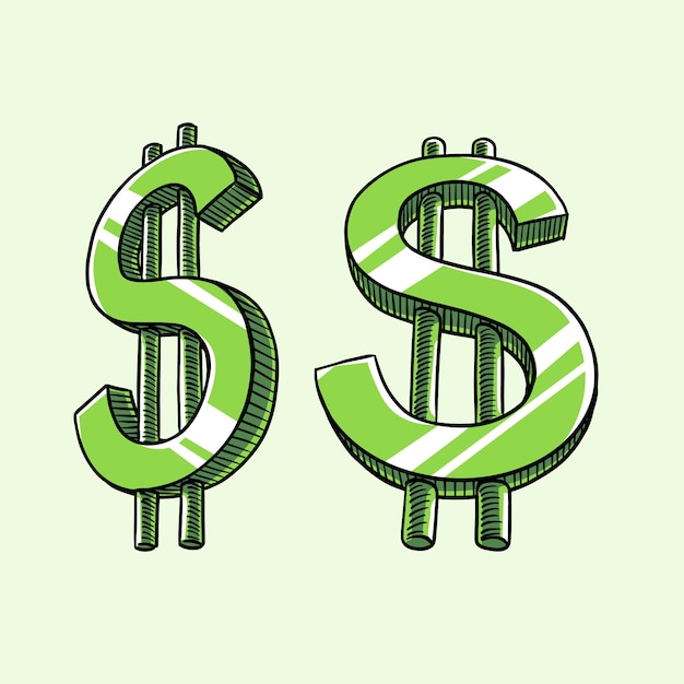Ilustración del signo del dólar de dibujos animados dibujada a mano