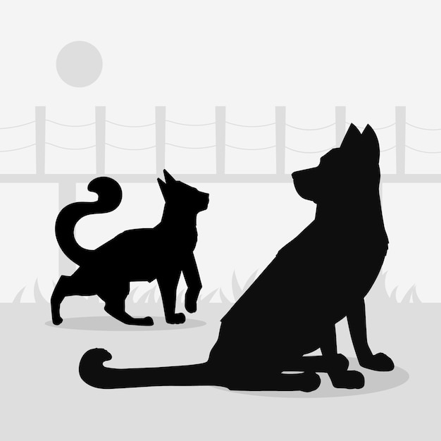 Ilustración de silueta de perro y gato de diseño plano