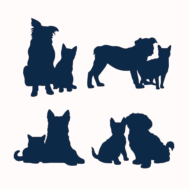 Vector gratuito ilustración de silueta de perro y gato de diseño plano