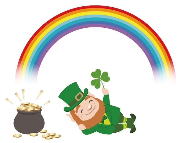 Ilustración del símbolo del día de San Patricio del vector con un duende, un arco iris y una olla de oro.
