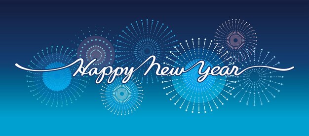 Ilustración de símbolo vectorial de feliz año nuevo con fuegos artificiales de celebración en un fondo de cielo nocturno