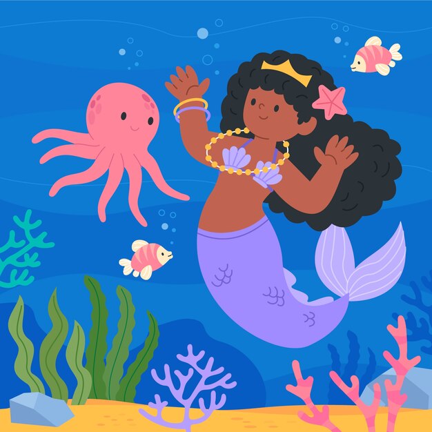Ilustración de sirena negra dibujada a mano