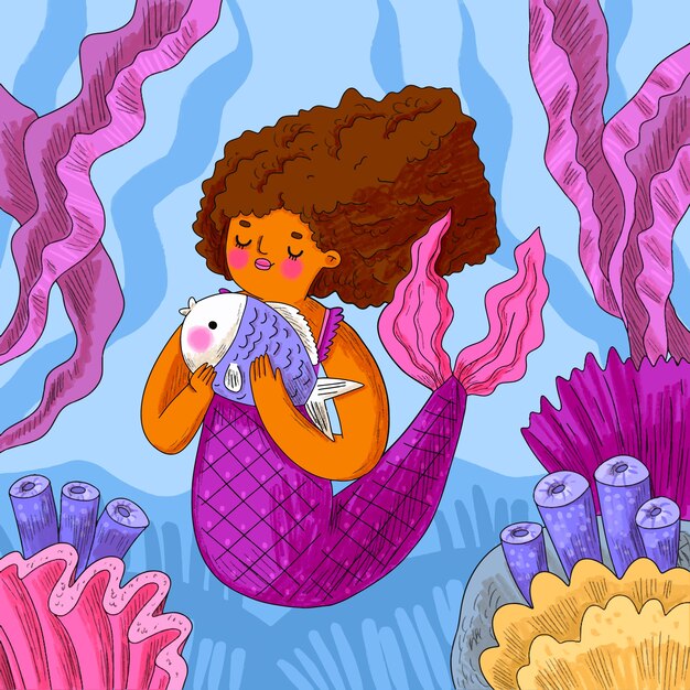 Ilustración de sirena negra dibujada a mano
