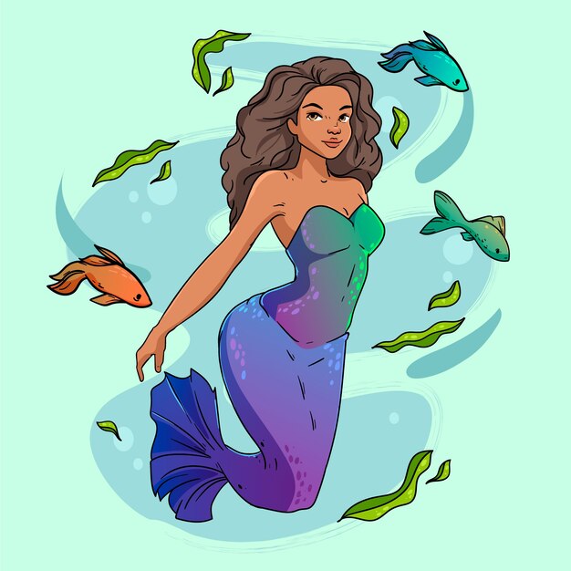 Ilustración de sirena negra dibujada a mano