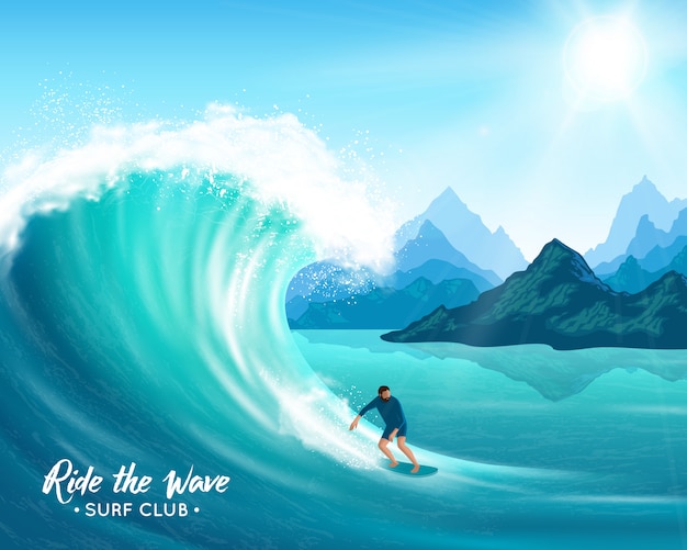 Ilustración de surfista y gran ola