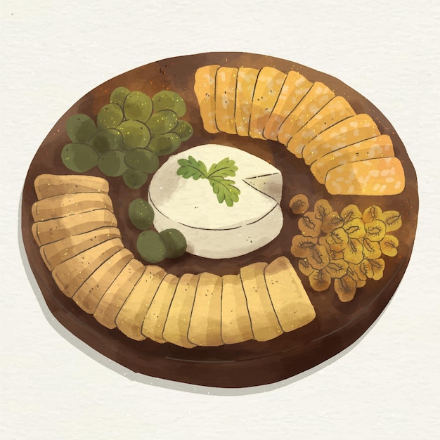 Ilustración de tabla de quesos en acuarela con acompañamientos