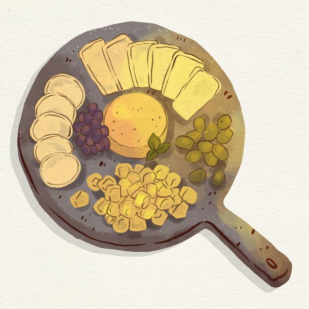 Ilustración de tabla de quesos en acuarela con acompañamientos