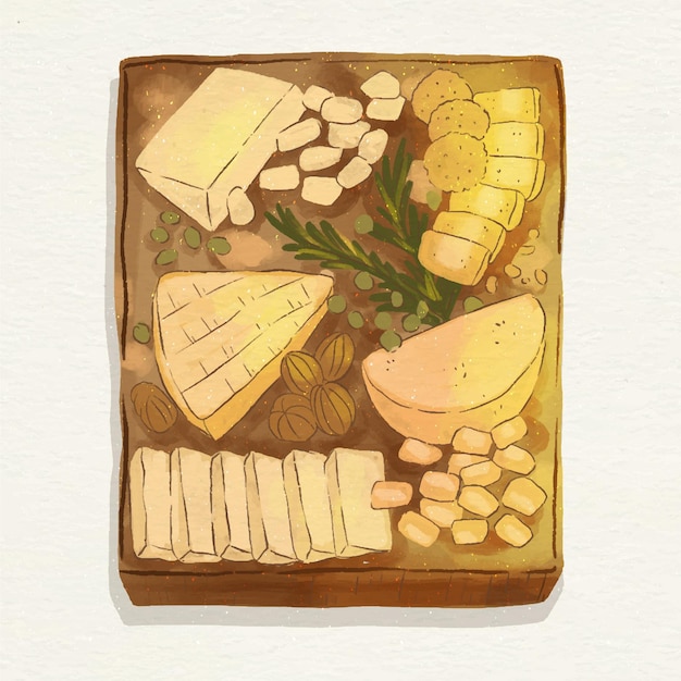 Ilustración de tabla de quesos en acuarela con acompañamientos