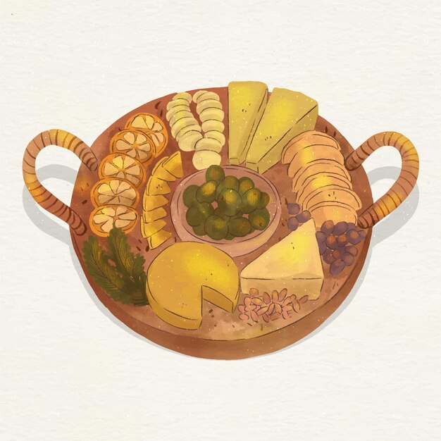 Ilustración de tabla de quesos en acuarela con acompañamientos