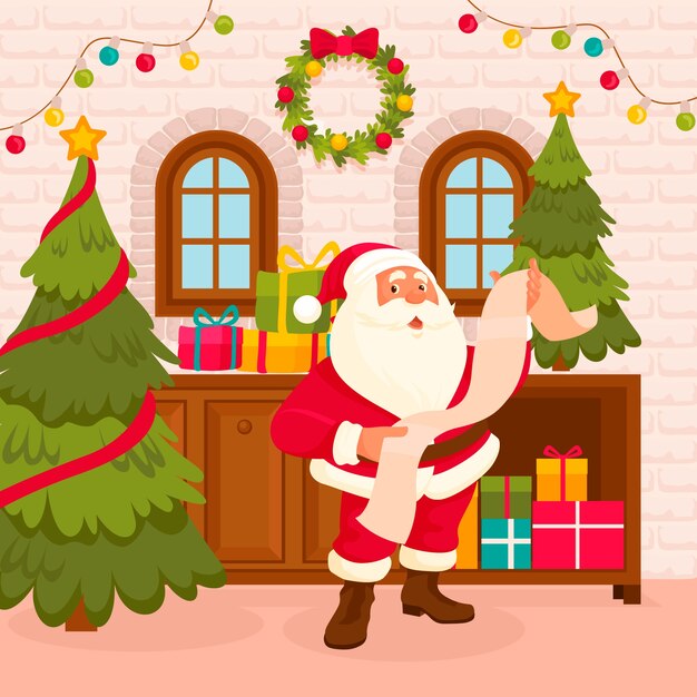 Ilustración de taller de santa de celebración de navidad plana