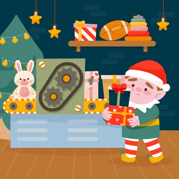 Ilustración de taller de santa navidad plana