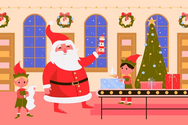 Ilustración de taller de santa navidad plana