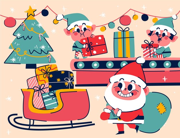 Ilustración de taller de santa navidad plana