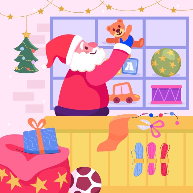 Ilustración de taller de santa navidad plana
