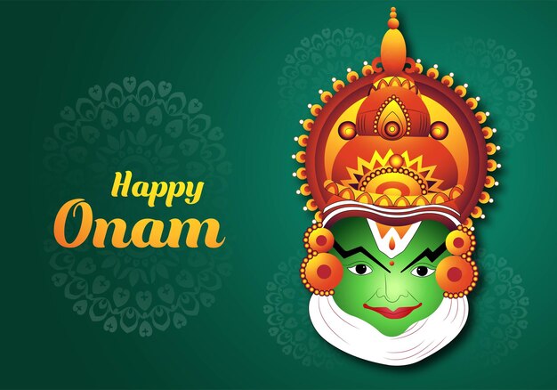 Vector gratuito ilustración de la tarjeta de felicitación para el onam del festival del sur de la india con fondo de cara kathakali