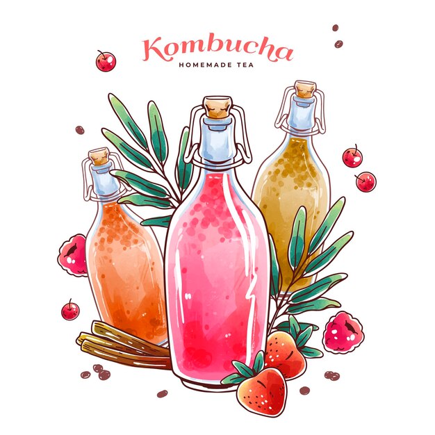 Ilustración de té de kombucha acuarela