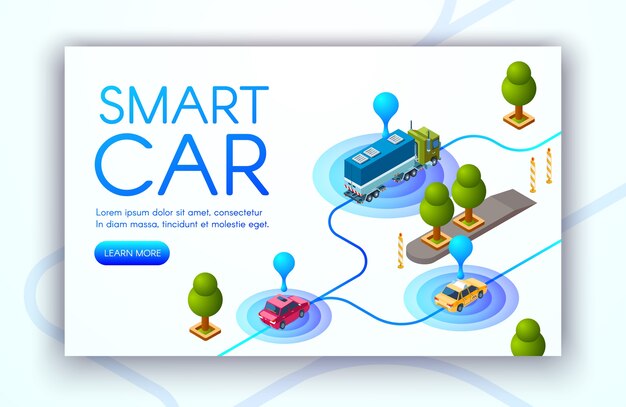Ilustración de la tecnología del automóvil inteligente de seguimiento de ubicación del vehículo o radares GPS.
