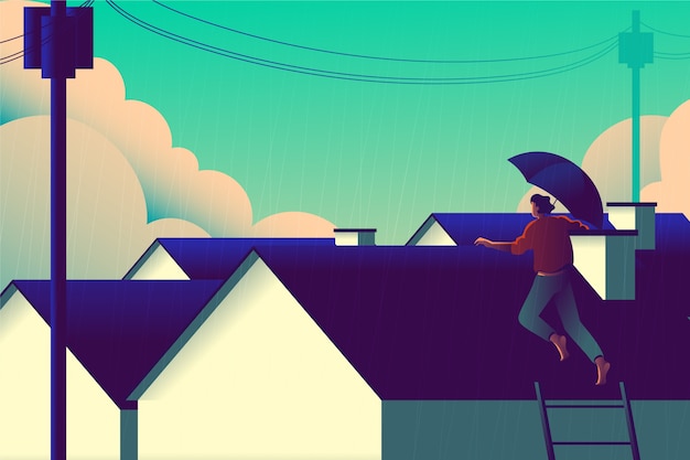 Ilustración de la temporada del monzón degradado con una persona en el techo con paraguas